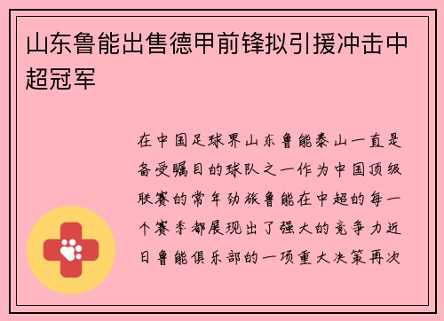 山东鲁能出售德甲前锋拟引援冲击中超冠军